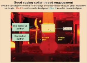 Figure 1 shows a good makeup of a casing connection with a “bucked-on” collar. Using thermal imaging, the STVS shows the connection’s uniformity of color throughout the box outlined in blue. Below this area is the portion of the connection that was “bucked on,” which does not appear to have a temperature appreciably different from that of its surroundings – this is because that portion of the connection is not moving. This is how a good casing connection should look.