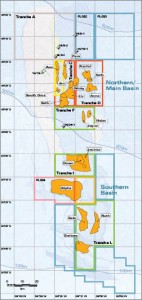 This map of the North Falklands Basin shows license distribution between different companies. The water depth here is generally shallow, less than 450 m, with shallow drilling targets in the range of 1,500 m to 3,000 m. Source: Desire Petroleum