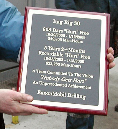 ITAG Rig 30 received special recognition from ExxonMobil for remaining “hurt free” for 808 days.