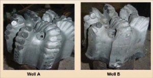 Figure 1: Well A was drilled by identifying, analyzing and ranking all performance qualifiers to achieve drilling efficiency, while on Well B the strategy was simply to maximize ROP by increasing WOB. Here, the dull conditions of the same type of bit used on the two wells can be seen and compared.