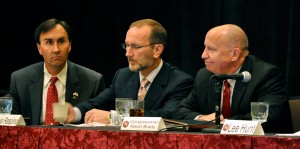 From left to right: Congressman Pete Olson, IADC 2010 chairman Louis Raspino, and Congressman Kevin Brady.