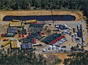 Frac Tech Services is mobilized to conduct a hydraulic fracturing job in the Haynesville Shale. Currently the average lateral length for wells in the Haynesville is 4,500 ft, with an average of 14 fracturing stages. Photo courtesy of Frac Tech Services