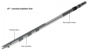 Figure 4: Providing temporary hydraulic isolation of a multilateral junction, the Halliburton Junction Isolation Tool creates a 12,500-psi rated conduit to direct high-pressure fracture treatment to the lateral leg. It can be used multiple times over the life of the well to allow workovers and further stimulation if required.