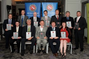 Safety winners received IADC North Sea Chapter awards in Aberdeen on 13 May. Front row from left are: Steve Coghill, Bert Ruhl, Gert-Jan Windhorst and Bert de Bree, all with Noble Drilling; and Gwen Morrison, Transocean. Back row from left are: Tom Bruce, Stena Drilling; Tony Hinchliffe, Archer; Nicol Ross, Diamond Offshore; Gilles Luca, Ensco; and Tore Larsen, Paul Horne and Gavin Sutherland, all with KCA DEUTAG.