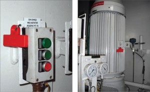 RFID technology is making it possible to keep track of the whereabouts and maintenance history of all equipment. RFIDs provide instant access via the Internet to a database of information about the individual equipment. Red RFID tags are attached to a mud agitator switch box (left) and a mud agitator (right). 