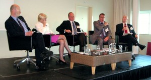 A panel session at the 2011 IADC Drilling HSE Europe Conference last week focused on organizational culture and how it impacts individual behavior and decision making. From left are panelists John Thorogood, Drilling Global Consultant; Rhona Flin, professor at the University of Aberdeen; Guy Boyd, BST; and David Martin, Shell. At right is moderator Joe Hurt, IADC.