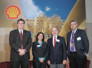 Shell scientists take a closer look at key technologies developed at the Shell Technology Center Houston during its recent Innovation Summit. From left, Scott Meyers, general manager of IT innovation and center of expertise for Shell’s technical and competitive IT (TaCIT) group, on high-performance computing; Selda Gunsel, VP global commercial technology, on mobility; Sergio Kapusta, chief scientist materials and corrosion, on nanotechnology; and Jonathan Crane, VP wells technology deployment, on wells technology.