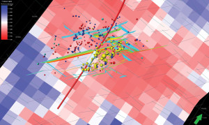  Mangrove software’s unconventional fracture model (UFM) uses pre-existing natural fractures and a mechanical earth model to simulate fracture geometry. Microseismic data is superimposed over the UFM results for comparison.