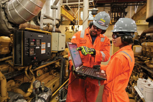 Crew members check readings in the engine room onboard ENSCO 107, operating for PV Drilling offshore Vietnam. Ensco notes that although labor and infrastructure issues can pose challenges in the region, the company does not find it difficult to meet nationalization requirements for rigs working in Asia Pacific.