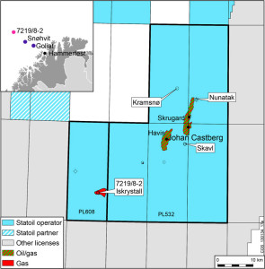 Statoil made a gas discovery in the Iskrystall prospect in PL608 in the Barents Sea.