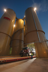 Ceramic proppant is loaded at the CARBO distribution center in Alice, Texas. The company believes that a need for greater conductivity in liquids-rich and oil plays is driving a shift from small-mesh products to larger-diameter ceramic proppants.