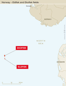 This map provided by Total shows the locations of the Ekofisk and Eldfisk oil fields in the Norwegian North Sea, relative to the coast of Norway.