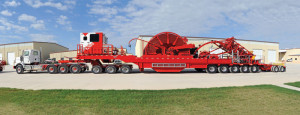 The coiled-tubing reel trailer includes a jeep and booster with 25,000 ft of 2 3/8-in. capacity. NOV Hydra Rig has been building some of the world’s largest mobile coiled-tubing units for fracturing jobs, cleanouts and workovers for US shale plays.