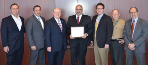 The COS presented Pacific Drilling with a SEMS certificate in March. On hand for the presentation were (from left) Paul Linkin, Pacific Drilling VP QHSE; Nick Pruitt, Pacific Drilling QHSE Superintendent; Charlie Williams, COS Executive Director; Louis Scavone, Pacific Santa Ana Rig Manager; Tony Seeliger, Pacific Drilling SVP Operations; Neil Campbell, Pacific Drilling Director Corporate HSE; and Jorge Hercules, BVC VP of Certification.