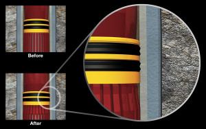 Unique swage technology consists of ridge-shaped Aflas elastomers bonded to an expandable metal ring. The V0-validated seal is formed by transferring set-down weight through the PBR into the integral ring, which swages out against the casing to seal the packer element against the host-casing ID. The resulting anti-extrusion seal prevents gas migration and isolates annular pressures.