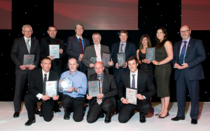 At the IADC NSC’s annual Safety Awards Ceremony, back row (from left) are Eddie Fowler, Odfjell Drilling; Neil Burr, Falck Safety Services; Lee Reborse, then-NSC Chairman; Eric Holmes, Ensco; Adrian Blake, Transocean; Nicola Riddel and Eilidh Shaw, North Atlantic Drilling; and Jim Paterson, KCA Deutag. Front row (from left) are Mike Brumfield, Awilco Drilling; Pete Thomson, on behalf of Awilco Drilling; Hans Krielen, Noble Drilling; and Tony Rhodes, Stena Drilling.