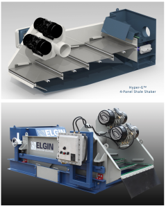 Top and Bottom: The Elgin Hyper-G shaker’s waterfall technology protects each screen’s seated position, allowing drilling fluid to fall on the overlapping screens past the position of the rear gasket, shielding the gasket from solids bypass. The four-panel shaker was launched this year at OTC.