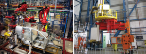 The cost savings, efficiency and safety of robots used in auto manufacturing (left) were transferred to the manipulator arms used on the DMPT robotic pipe-handling and tripping system (right).