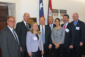 IADC members meet with Texas Congressman Bill Flores (center) in Washington, DC. From left are Joey Husband, Nabors Drilling Solutions; Jay Minmier, Nomac Drilling; Liz Craddock, IADC Vice President, Policy and Government Affairs; Congressman Flores; Scott McKee, Cactus Drilling Company; Melissa Mejias, IADC Legislative Assistant; Mike Garvin, Patterson-UTI Drillling Company; and Bob Warren, IADC Vice President, Onshore Division.