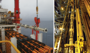 Figure 3: An MPD riser stack is  moved to the drill floor. For the majority of Petrobras’ rig conversions, the operator opted to fit rigid pipes for riser auxiliary lines around the MPD riser stack. This kept the conventional telescopic joint unaltered. 