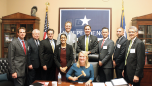 IADC members meet with Texas Republican Congressman Pete Olson (fourth from right) to discuss the US offshore drilling industry in Washington, DC, on 20 September. From left are Michael Lawson, Rowan Companies; Alan Spackman, IADC; Tony Seeliger, Pacific Drilling; Melissa Mejias, IADC; Brady Long, Transocean; Congressman Olson; Jason McFarland, IADC; Steve Schappell, Maersk Drilling; and James Sanislow, Noble Drilling Services. Seated is IADC’s Elizabeth Craddock.