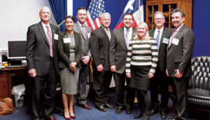 On 28 February to 2 March, IADC onshore members participated in a “fly-in” trip to Washington, DC, where they hosted an educational lunch-and-learn event for Capitol Hill staffers and met with members of congress to discuss issues facing drilling contractors. From left are Mike Bowie, GE Oil & Gas; Melissa Mejias, IADC; Jason McFarland, IADC; Scott McKee, Cactus Drilling; Congressman Henry Cuellar (D-TX); Liz Craddock, IADC; Joey Husband, Nabors Drilling Solutions; and Mike Garvin, Patterson-UTI Drilling Company.