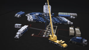 Schlumberger’s Automated Stimulation Delivery Platform consists of three main components: four bulk delivery silos for storing proppant materials, a process trailer for hydration and blending, and an automated missile for pumping the proppants. All components are operated from a central control cabin. Field testing will continue through Q2 2017, and full commercialization is expected in Q3 2017. Photo Courtesy of Schlumberger. 