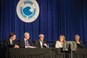 Representatives from the UK government and industry weigh in on their strategies for reducing decommissioning costs in the UK North Sea during a panel session at the 2017 OTC on 3 May in Houston. From left are Dave Blackburn, Senior VP, Petrofac; Roger Esson, Chief Executive, Decom North Sea; Win Thornton, VP of Decommissioning, BP; Wendy Kennedy, Chief Executive, Offshore Petroleum Regulator for Environment & Decommissioning, UK Department of Business, Energy and Industrial Strategy; and Gunther Newcombe, Head of Operations at UK Oil and Gas Authority. The panel session highlighted ongoing collaborative efforts to develop innovative approaches for decommissioning. 