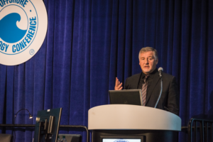 Gunther Newcombe, Head of Operations at UK Oil and Gas Authority (OGA), speaks at a UK North Sea panel session at the 2017 OTC on 3 May in Houston. His presentation focused on how the OGA is working with the industry to drive down decommissioning costs by 35% relative to the 2015 base case cost. The OGA estimates that decommissioning aging platforms on the UKCS could cost an estimated £52 billion.