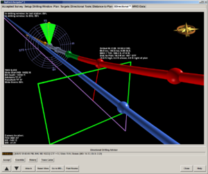 Nabors’ RigWatch Navigator software provides a 3D visualization of the actual versus the planned wellbore. The driller can see the target they’re trying to hit and the bit’s position relative to that target.