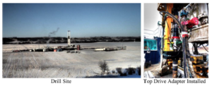 Left: Overview of rig and well site in Alberta, Canada. Right: Installation of the top drive adapter showing the separate swivel and hoses. 