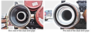 The tool joints of the dual channel drill pipes. Left: Box end of the dual drill pipe, containing the inner pipe pin and sealing element. Right: Pin end of the dual drill pipe, containing the inner pipe box end for the stab in connector. 