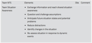 Figure 2: Example of observation tool for Team Situation Awareness