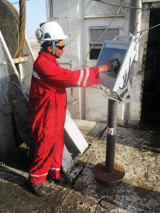 A worker accesses work procedures on a Dalma Energy rig in Oman. To ensure that procedures and processes are actually used at the worksite, a new delivery method was developed to ensure the relevant information for each procedure would be available where the work was to be done and that the correct procedures would be followed. Within months of implementation, safety performance has improved 82% against the 12-month average, and NPT has been reduced by an average of 22.5 hours on rigs where the initiative is in place, versus an NPT increase of 7.5 hours on rigs in the fleet where the program is not yet operational. 