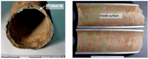 Photographs of the drill pipe showing the fracture surface (left) and necking (right) adjacent to the fracture. Scale divisions are in inches. 