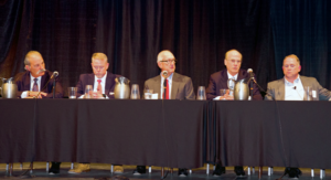 A panel of operators with assets in the Permian shared their perspectives and outlook on the challenges and opportunities at the IADC Shale Energy Workshop on 13 September in Midland, Texas. From left are Steve McCoy, Latshaw Drilling (moderator); Mike Hollis, Diamondback Energy; Joe Wright, Concho Resources; John Willis, Occidental Oil and Gas; and Joey Hall, Pioneer Natural Resources.