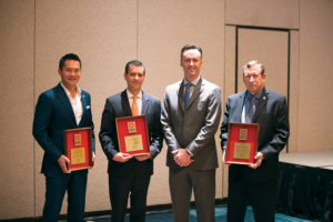 IADC President Jason McFarland (second from right) presented three Exemplary Service Awards at the 2017 IADC Annual General Meeting in Austin, Texas, in November. They went to (from left) Andy Poosuthasee, Jorge Lebrija and Dan Scott. Mr Poosuthasee recently served two terms as Co-Chairman of the IADC Supply Chain Committee, while Mr Lebrija serves as current Chairman. Mr Scott, now retired, is recognized as one of Baker Hughes’ most prolific inventors. He has also published more than 65 papers and written book chapters on drilling technologies.