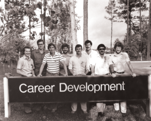 Steven Brady (fourth from right) is pictured with fellow trainees at a Baroid Mud School in Houston around 1983. 