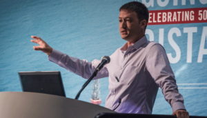 Mete Mutlu, Senior Subsea Engineer at Transocean, speaks on 1 May at OTC 2018 in Houston, Texas about the University of Houston’s successful test of a physics-based approach to monitoring BOP leaks.