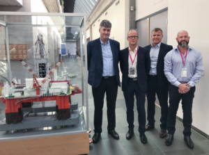 Jakup Øregaard (left), head of international and exploration drilling in Equinor, Tommy Johnsen, vice president of Seadrill Europe, Kolbjørn Kanebog, rig manager West Hercules, and Dave Morrow, senior vice president of Seadrill Eastern Hemisphere. (Photo: Kjetil Eide)